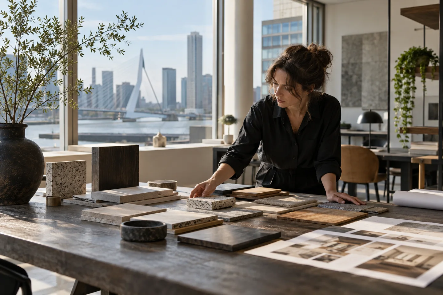 Materialen en ruimtestalen op een ontwerptafel