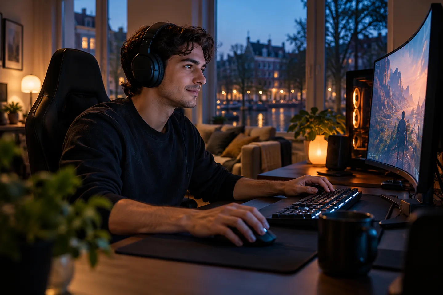 Speler aan een verlicht bureau in de avond