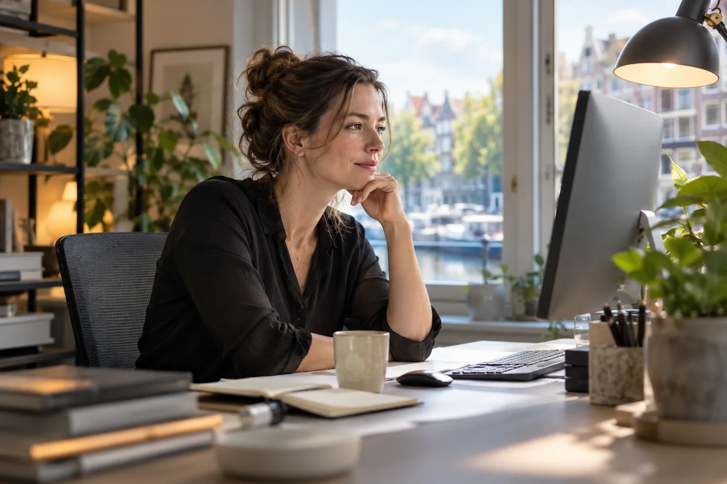 Ontwerper onderzoekt een indeling op de computer