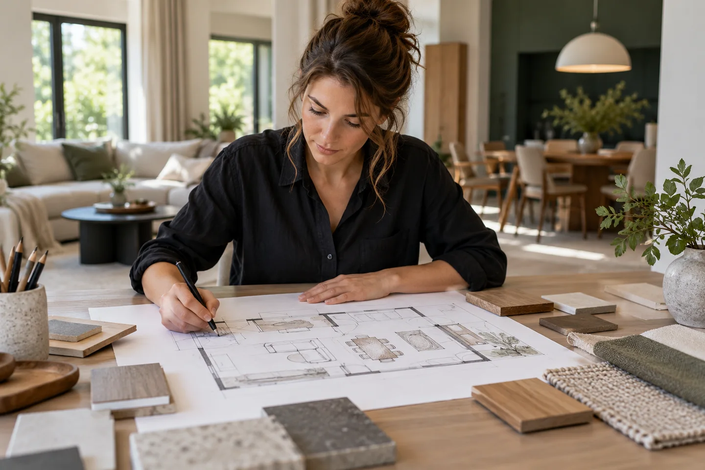 Plattegrond en materiaalstalen op een tafel