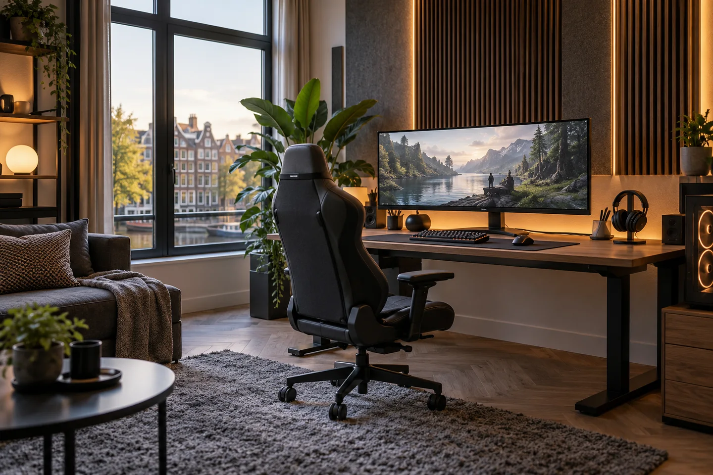 Gamingbureau in een rustig ingerichte kamer