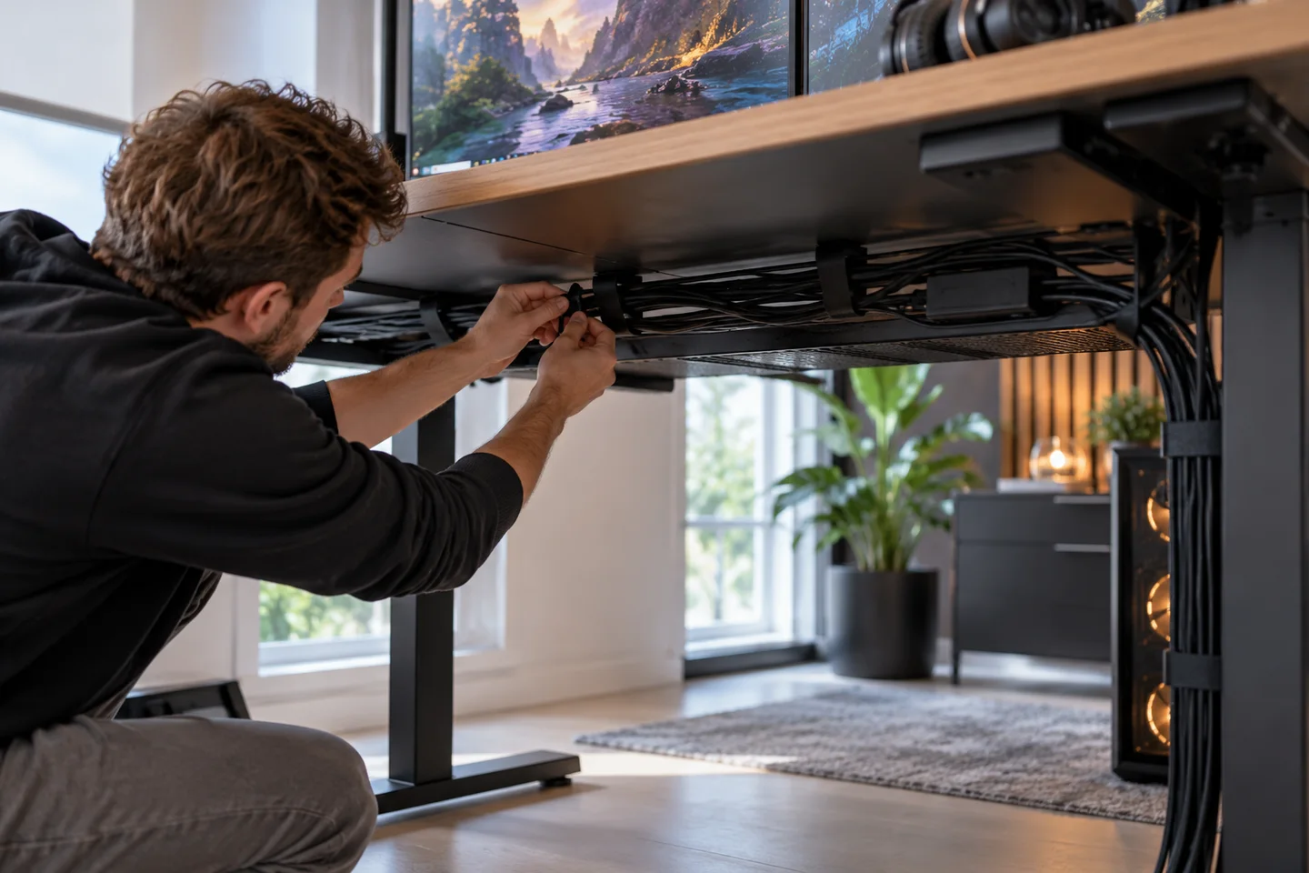 Kabels netjes onder een bureau aanbrengen